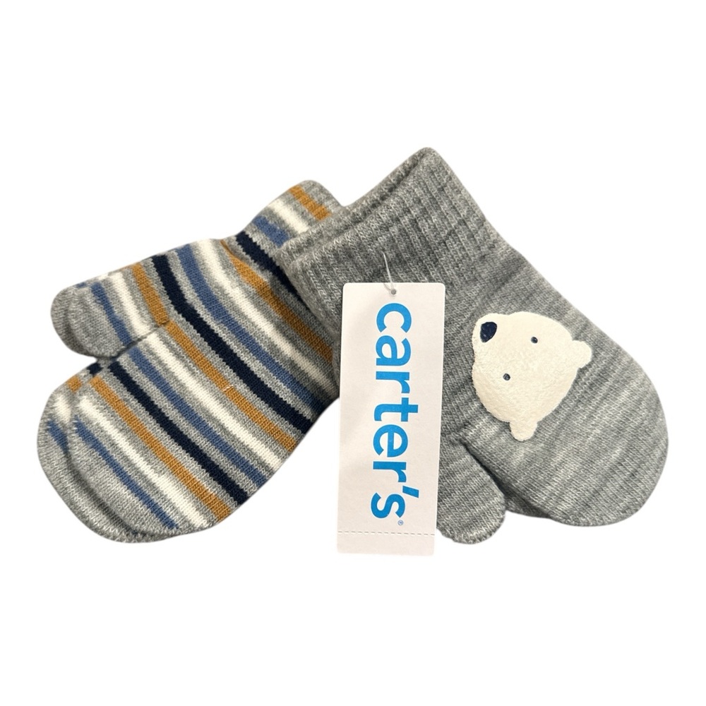 Carter's Toddler Unisex Knit Mittens Pack of 2 Non-Slip Striped‎ & Gray, Size 2T